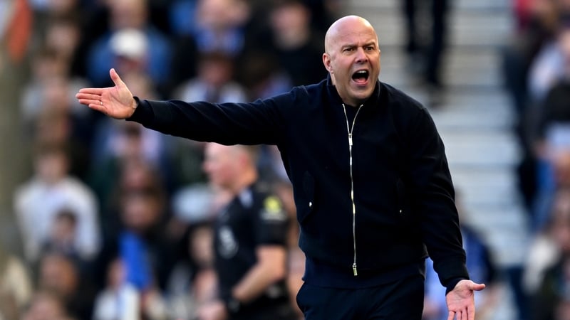 Arne Slot, Manager of Liverpool, reacts on the sidelines during the Premier League match between Brighton & Hove Albion and Liverpool at Amex Stadium on March 21, 2026 in Brighton, England. (Photo by Liverpool FC/Liverpool FC via Getty Images)