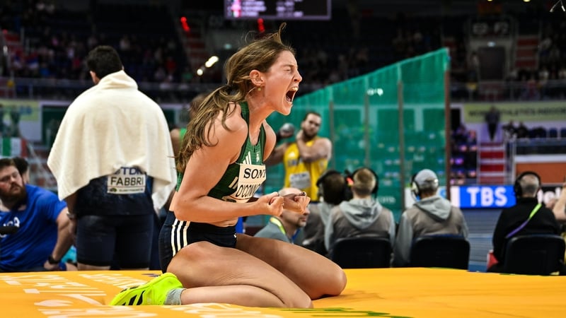 22 March 2026; Kate O'Connor of Ireland celebrates a clearance in the Women's high jump event in the Women's Pentathlon during day three of the World Athletics Indoor Championships at Kujawsko-Pomorska Arena in Torun, Poland. Photo by Sam Barnes/Sportsfil