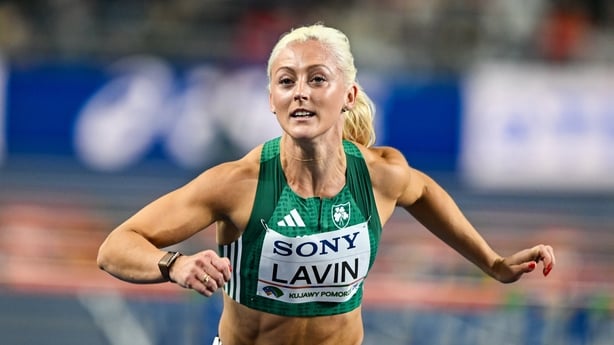 22 March 2026; Sarah Lavin of Ireland competes in the Women's 60m hurdles heat during day three of the World Athletics Indoor Championships at Kujawsko-Pomorska Arena in Torun, Poland. Photo by Sam Barnes/Sportsfile