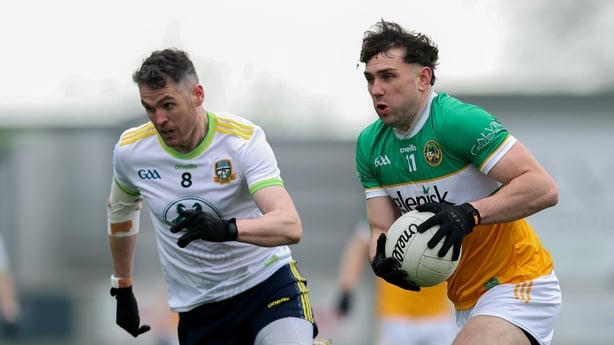 22 March 2026; Jordan Hayes of Offaly in action against Bryan Menton of Meath during the Allianz Football League Division 2 match between Offaly and Meath at Glenisk O'Connor Park in Tullamore, Offaly. Photo by Michael P Ryan/Sportsfile