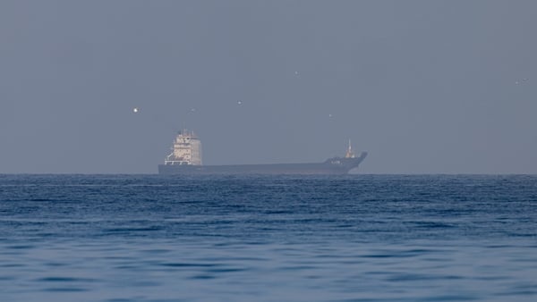 Cargo vessel, Ali 25, in the Gulf, near the Strait of Hormuz on March 22, 2026 in northern Ras al Khaimah, United Arab Emirates. In a statement yesterday, the UAE and nearly two dozen other countries issued a joint statement condemning Iran's "attacks by