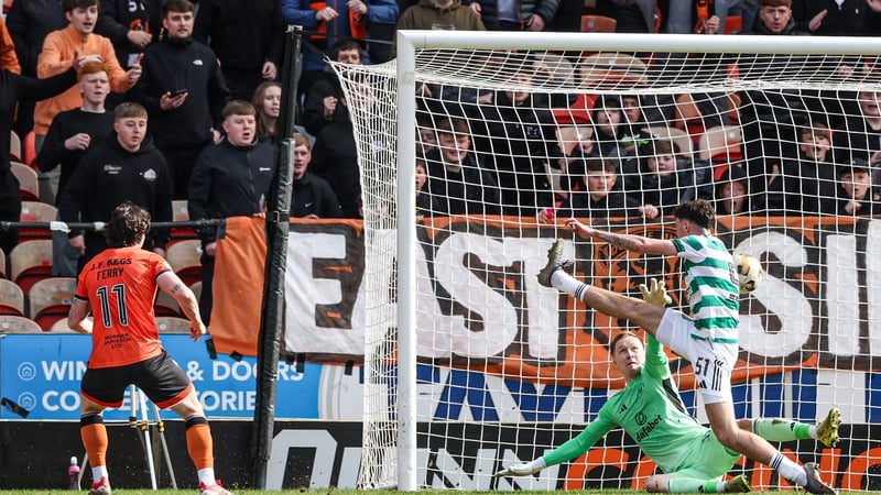 Dundee United's Will Ferry scores to make it 1-0 against Celtic, Scottish Premiership, March 2026