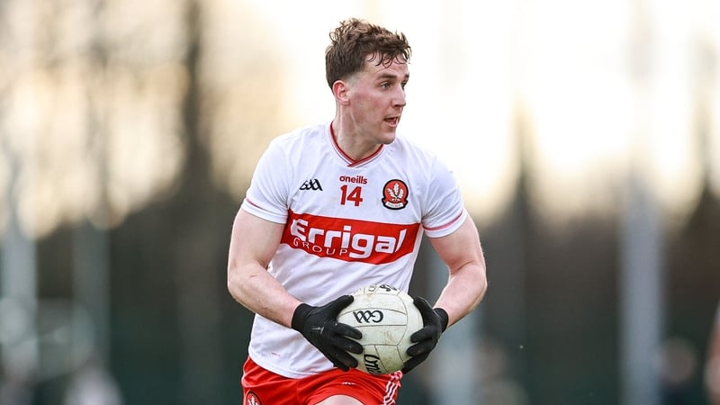 14 March 2026; Shane McGuigan of Derry during the Allianz Football League Division 2 match between Louth and Derry at DEFY Pairc Mhuire in Ardee, Louth. Photo by Thomas Flinkow/Sportsfile