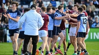22 March 2026; Players tussle at half-time during the Allianz Football League Division 1 match between Galway and Dublin at Pearse Stadium in Galway. Photo by Piaras Ó Mídheach/Sportsfile
