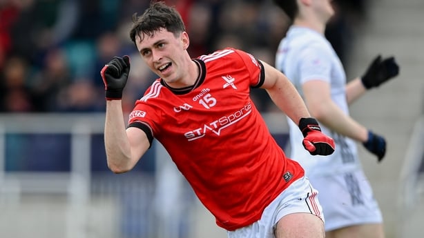 22 March 2026; Kieran McArdle of Louth celebrates after scoring a goal against Kildare during the Allianz Football League Division 2 match between Kildare and Louth at Cedral St Conleth's Park in Newbridge, Kildare. Photo by Matt Browne/Sportsfile
