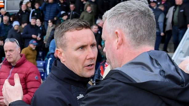 22 March 2026; Kildare manager Brian Flanagan with Louth manager Gavin Devlin after the Allianz Football League Division 2 match between Kildare and Louth at Cedral St Conleth's Park in Newbridge, Kildare. Photo by Matt Browne/Sportsfile
