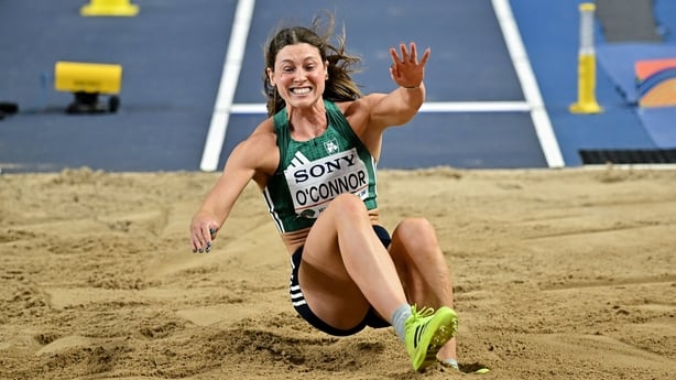 22 March 2026; Kate O'Connor of Ireland competes in the Women's long jump event in the Women's Pentathlon during day three of the World Athletics Indoor Championships at Kujawsko-Pomorska Arena in Torun, Poland. Photo by Sam Barnes/Sportsfile