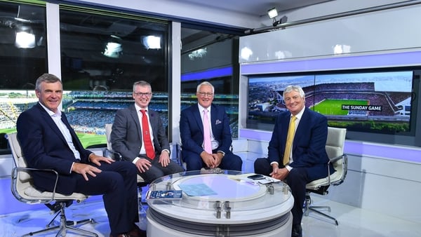 2 September 2018; RTÉ Sunday Game presenter Michael Lyster, right, with panalists, from left, Colm O'Rourke, Joe Brolly and Pat Spillane ahead of Lyster's final Sunday Game broadcast prior to the GAA Football All-Ireland Senior Championship Final match be