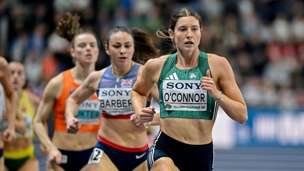 22 March 2026; Kate O'Connor of Ireland competes in the 800m event in the Women's Pentathlon during day three of the World Athletics Indoor Championships at Kujawsko-Pomorska Arena in Torun, Poland. Photo by Sam Barnes/Sportsfile
