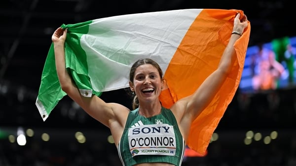 22 March 2026; Kate O'Connor of Ireland celebrates after winning bronze in the Women's Pentathlon during day three of the World Athletics Indoor Championships at Kujawsko-Pomorska Arena in Torun, Poland. Photo by Sam Barnes/Sportsfile