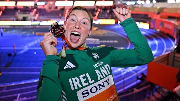 22 March 2026; Women's Pentathlon bronze medallist Kate O'Connor of Ireland after day three of the World Athletics Indoor Championships at Kujawsko-Pomorska Arena in Torun, Poland. Photo by Sam Barnes/Sportsfile
