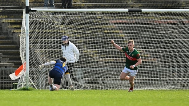 22 March 2026; Ryan O'Donoghue of Mayo celebrates scoring a penalty during the Allianz Football League Division 1 match between Mayo and Roscommon at Hastings Insurance MacHale Park in Castlebar, Mayo. Photo by Paul Phelan/Sportsfile