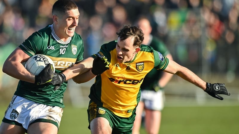 Donegal , Ireland - 1 February 2026; Joe O’Connor of Kerry in action against Caolan McColgan of Donegal during the Allianz Football League Division 1 match between Donegal and Kerry at Fr Tierney Park in Ballyshannon, Donegal. (Photo By Oliver McVeigh/Spo