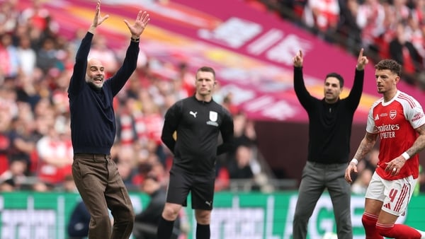 LONDON, ENGLAND - MARCH 22: Pep Guardiola, Manager of Manchester City and Mikel Arteta of Arsenal react during the Carabao Cup Final match between Arsenal and Manchester City at Wembley Stadium on March 22, 2026 in London, England. (Photo by Julian Finney