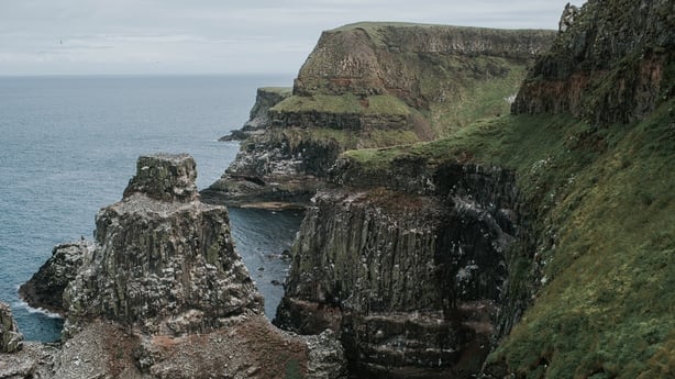 View of seabirds nesting on the cliffs on Rathlin Island, Northern Ireland.