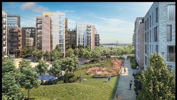 A computer generated image of residential apartment blocks surrounded by gardens