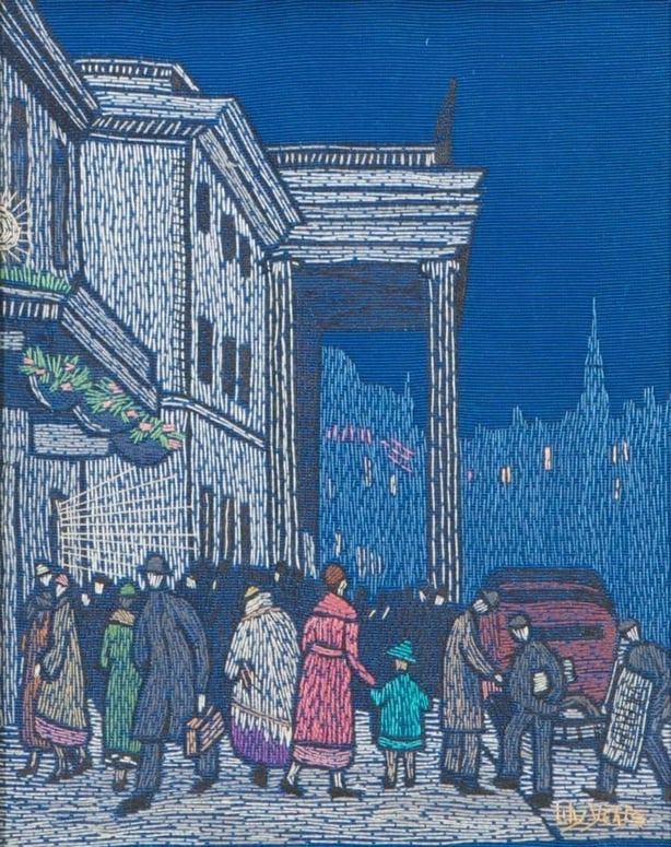 Lily Yeats (1866–1949), embroiderer; Dorothy Blackham (1896–1975), designer GPO, 1933 Silk embroidery on blue poplin ground, 9.8 × 7.8″ Private collection