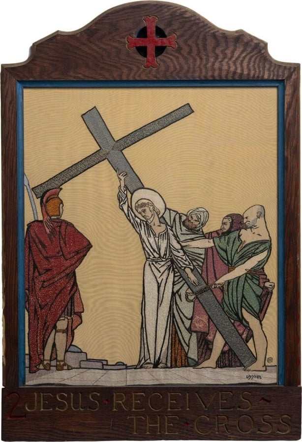 Lily Yeats (1866–1949), embroiderer; Brigid O'Brien Ganly (1909–2002), designer Jesus Receives the Cross (Station of the Cross 2), c. 1931–33 Cotton, silk, and wool threads on Irish poplin ground; oak, 25 × 21.5″; 37 × 25.6″ (framed) McMullen Museum of Art, Boston College, 2023.3.2