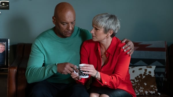 George Knight (Colin Salmon) and Nicola Mitchell (Laura Doddington) share a tender moment in EastEnders. Photo: BBC/Jack Barns/Kieron McCarron
