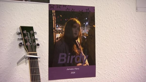 A poster of the film Birdy on a wall with a guitar leaning against it.