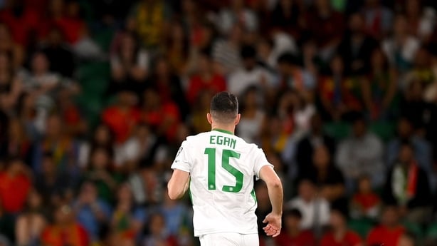 John Egan of Republic of Ireland during the FIFA World Cup 2026 Group F qualifying match between Portugal and Republic of Ireland at Estádio José Alvalade in Lisbon, Portugal.