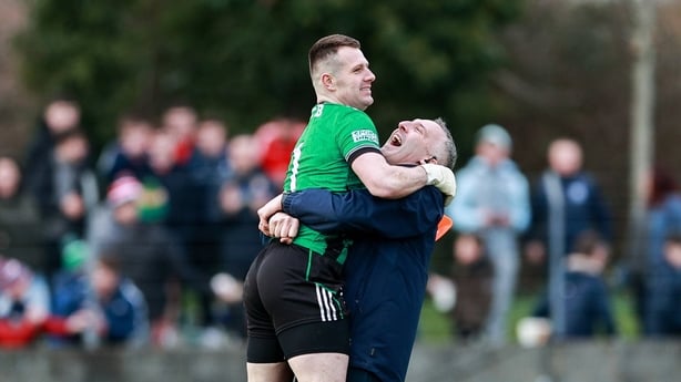 14 March 2026; Louth goalkeeper Niall McDonnell celebrates with goalkeeping coach Paul Hearty after their victory in the Allianz Football League Division 2 match between Louth and Derry at DEFY Pairc Mhuire in Ardee, Louth. Photo by Thomas Flinkow/Sportsfile