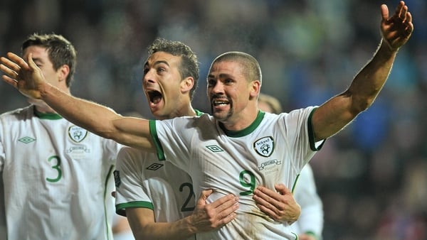 Jonathan Walters, Republic of Ireland, celebrates after scoring his side's second goal with team-mate Stephen Kelly. UEFA EURO2012 Qualifying Play-off, 1st leg, Estonia v Republic of Ireland, Le Coq Arena, Tallinn, Estonia.