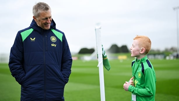 Head coach Heimir Hallgrimsson meets Arthur Parkinson, age 7, from Portlaoise, Laois, before a Republic of Ireland men's training session at the FAI National Training Centre in Abbotstown, Dublin