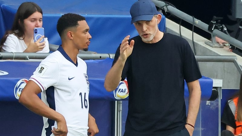 Trent Alexander-Arnold and Thomas Tuchel are present during the match between the national teams of Andorra and England, corresponding to Matchday 3 A of Group K of the World Cup Qualifying, at the RCDE Stadium in Barcelona, Spain, on June 7, 2025.