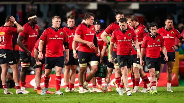 Munster players react at full-time in the United Rugby Championship match between Hollywoodbets Sharks and Munster at Hollywoodbets Kings Park Stadium in Durban, South Africa