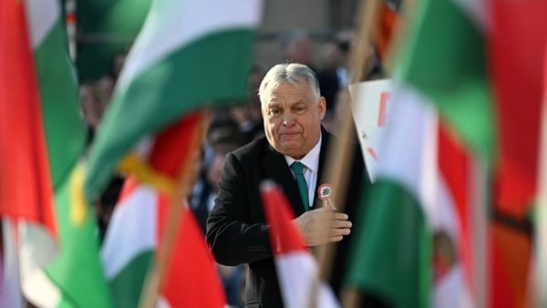 Hungarian Prime Minister Viktor Orban reacts after his speech in front of the Parliament building during a campaign rally organised by Hungary's ruling Fidesz party in Budapest, Hungary on March 15, 2026, on the 178th anniversary of the Hungarian Revoluti