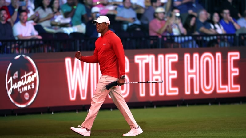 PALM BEACH GARDENS, FLORIDA - MARCH 23: Tiger Woods of Jupiter Links Golf Club celebrates on the ninth hole during the match against the Los Angeles Golf Club at SoFi Center on March 23, 2026 in Palm Beach Gardens, Florida. (Photo by James Gilbert/TGL/TGL