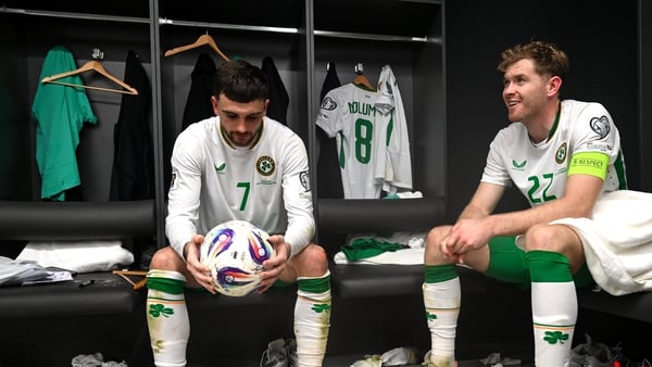 Troy Parrott, left, and Nathan Collins after win against Hungary, November 2025