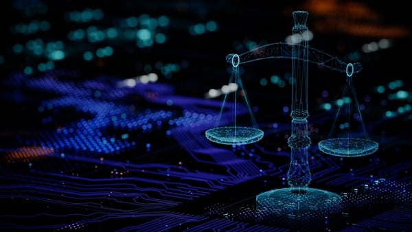 Holographic scales balance on illuminated data background of ai circuitry