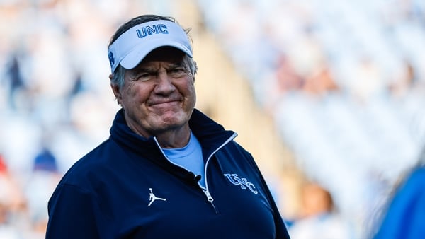 CHAPEL HILL, NORTH CAROLINA - NOVEMBER 22: Bill Belichick of the North Carolina Tar Heels smiles during warmups prior to their game against the Duke Blue Devils at Kenan Memorial Stadium on November 22, 2025 in Chapel Hill, North Carolina. (Photo by Jayly