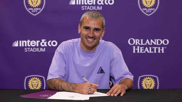 ORLANDO, FLORIDA - MARCH 23: French footballer Antoine Griezmann poses for pictures during his presentation at Orlando City SC at Exploria Stadium on March 23, 2026 in Orlando, Florida. Griezmann will leave Atletico Madrid to join Orlando City SC on July