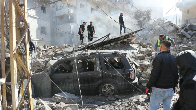 First aid responders arrive to the site of an Israeli airstrike that targeted the southern Lebanese coastal city of Tyre