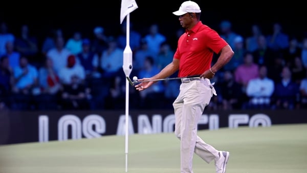 PALM BEACH GARDENS, FLORIDA - MARCH 24: Tiger Woods of Jupiter Links Golf Club looks on during the match against the Los Angeles Golf Club at SoFi Center on March 24, 2026 in Palm Beach Gardens, Florida. (Photo by Cliff Hawkins/TGL/TGL Golf via Getty Imag
