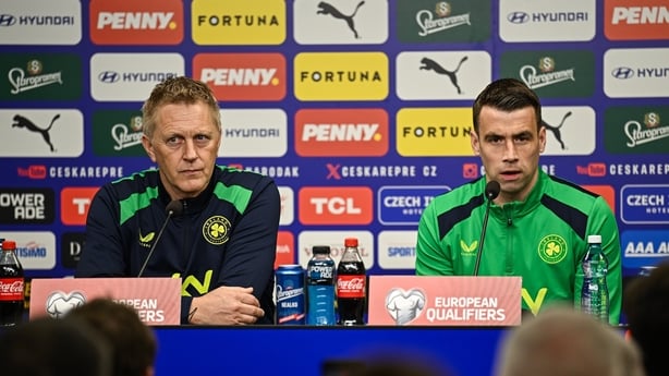 25 March 2026; Head coach Heimir Hallgrimsson, left, and Seamus Coleman during a Republic of Ireland men's media conference at the Fortuna Arena in Prague, Czechia. Photo by Seb Daly/Sportsfile