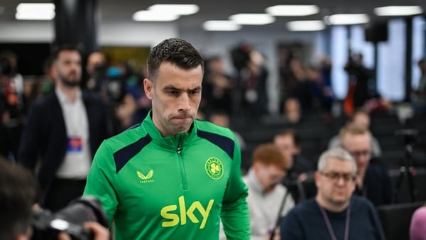 Seamus Coleman arrives for a Republic of Ireland men's media conference at the Fortuna Arena in Prague, Czechia.