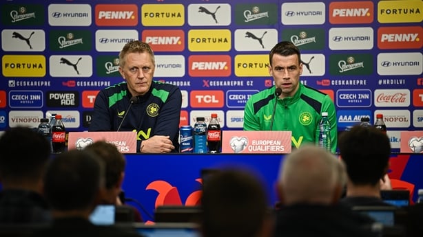 Head coach Heimir Hallgrimsson, left, and Seamus Coleman during a Republic of Ireland men's media conference at the Fortuna Arena in Prague, Czechia.