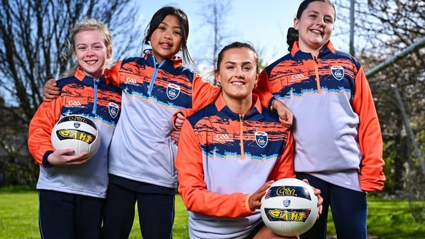 25 March 2026; Armagh Footballer and Kellogg's GAA Cúl Camps ambassador, Aimee Mackin, pictured with pupils, from school Holy Trinity Senior National School in Donaghmede, at the launch of the 2026 Kellogg's GAA Cúl Camps. This year marks 15 years of Kellogg's sponsorship, celebrated with the launch