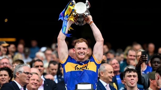 20 July 2025; Michael Breen of Tipperary lifts the Liam MacCarthy cup after victory in the GAA Hurling All-Ireland Senior Championship final match between Cork and Tipperary at Croke Park in Dublin. Photo by Stephen McCarthy/Sportsfile