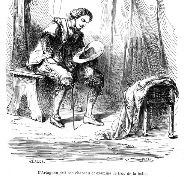 An engraving of The Three Musketeers' D'Artagnan, from the 19th century collection of Alexandre Dumas