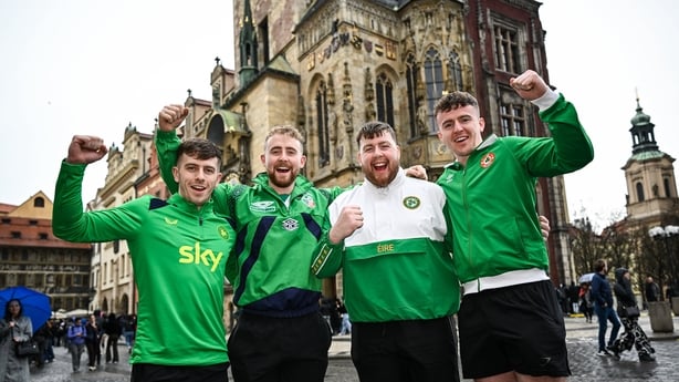 Republic of Ireland supporters in Prague, from l-r: Kevin Finn, from Mitchelstown, Shane Mullins, from Glanmire, Jack O'Mahony, Passage West and Adam Boland, Mitchelstown.