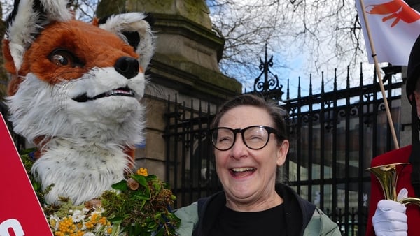 Pauline McLynn (2nd right) with protesters from Rural Ireland Against Fox Hunting take part in a demonstration outside Leinster House in Dublin