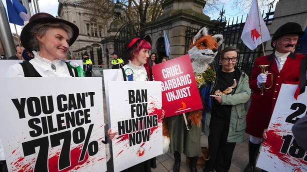 Pauline McLynn with protesters from Rural Ireland Against Fox Hunting take part in a demonstration outside Leinster House in Dublin 
