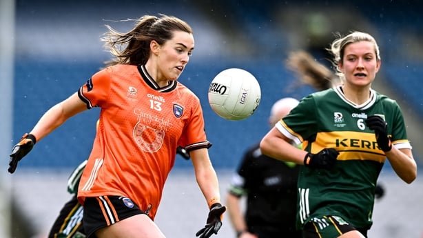 7 April 2024; Aimee Mackin of Armagh in action against Ciara Murphy of Kerry during the Lidl LGFA National League Division 1 final match between Armagh and Kerry at Croke Park in Dublin. Photo by Piaras Ó Mídheach/Sportsfile 