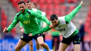 25 March 2026; Alan Browne, left, and Finn Azaz during a Republic of Ireland men's training session at the Fortuna Arena in Prague, Czechia. Photo by Stephen McCarthy/Sportsfile