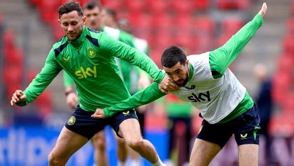 25 March 2026; Alan Browne, left, and Finn Azaz during a Republic of Ireland men's training session at the Fortuna Arena in Prague, Czechia. Photo by Stephen McCarthy/Sportsfile